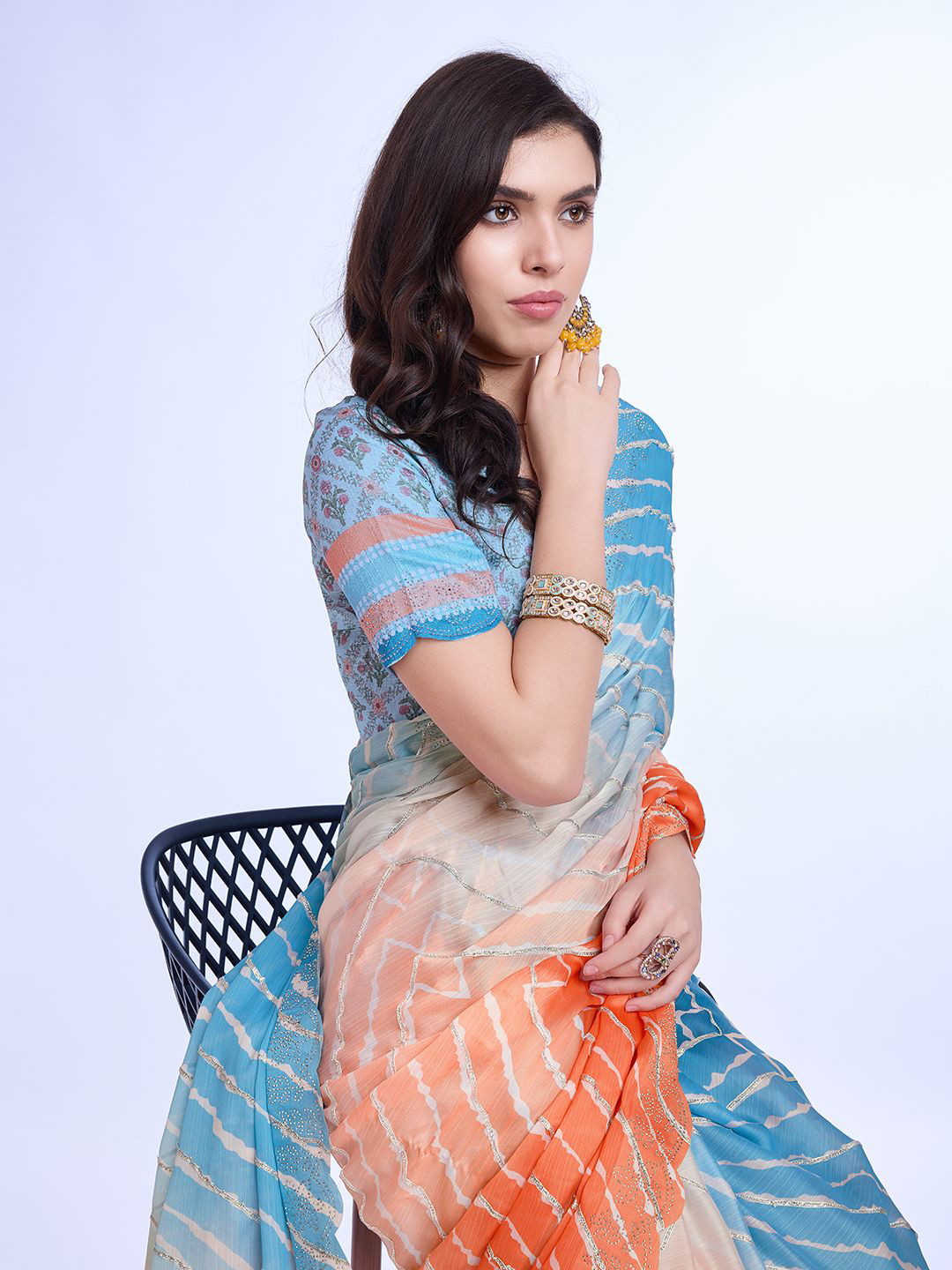 

Mitera Embroidered Leheriya Printed Poly Chiffon Saree, Blue
