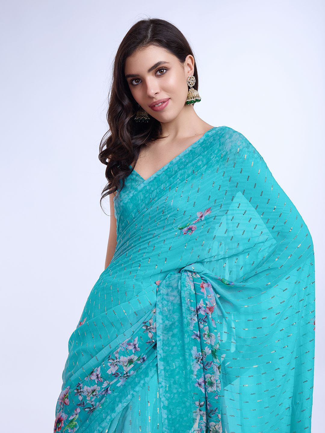 

Mitera Embellished Sequinned Digital Printed Saree, Blue