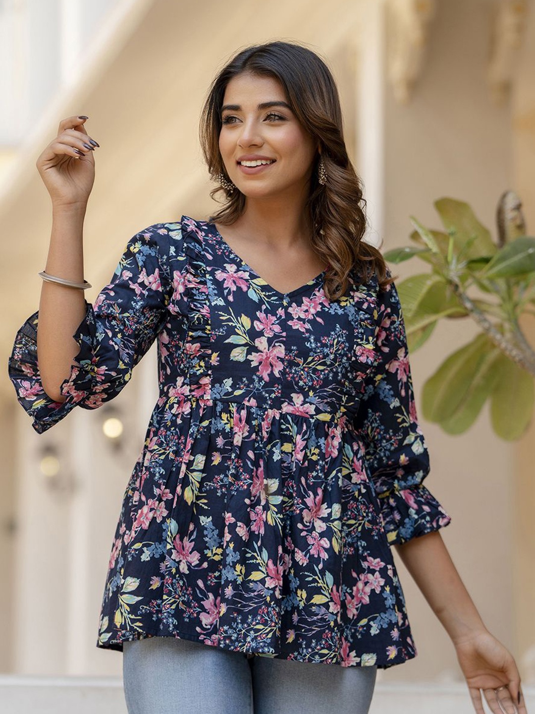 

Nayo Women Floral Printed V-Neck Cotton Top, Navy blue