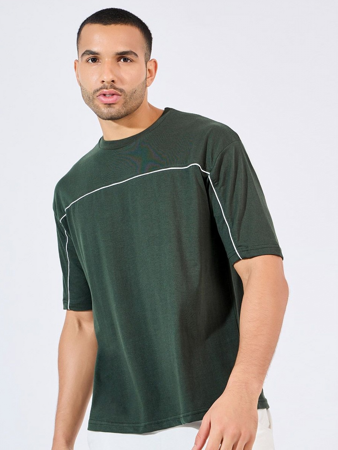 

Men Oversized Contrast Seam Piping T-Shirt, Green
