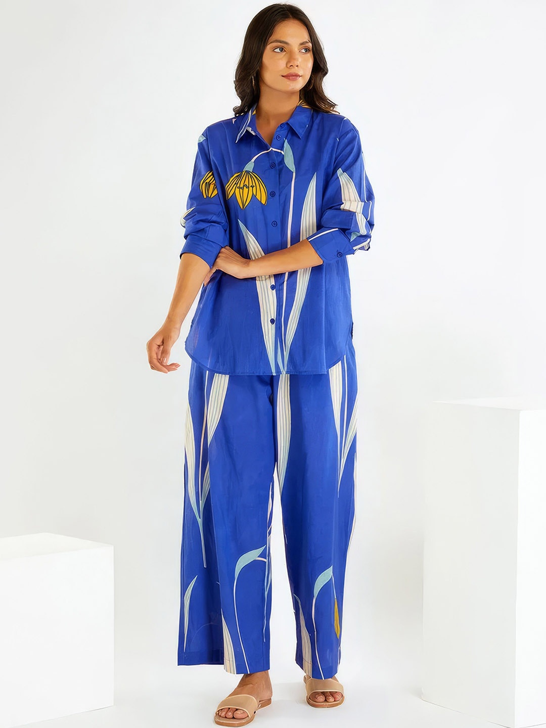 

FAB GALAXY Tropical Printed Shirt With Trousers, Blue