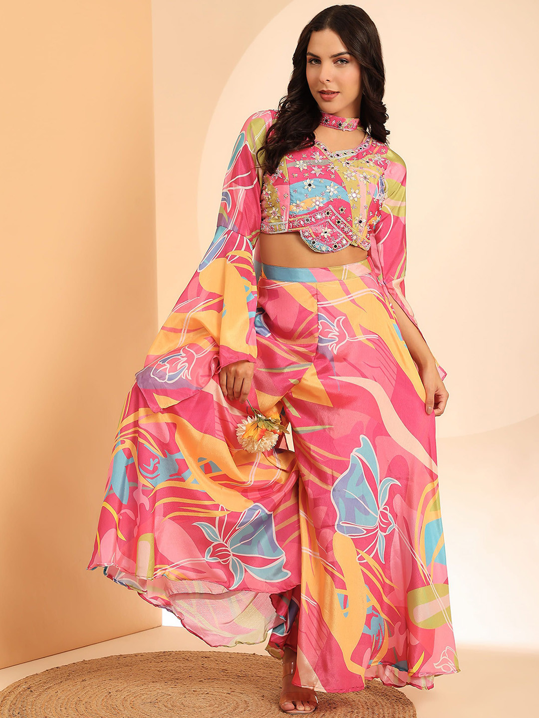 

AMOHA TRENDZ Embroidered Crop Top & Palazzos With Dupatta, Pink