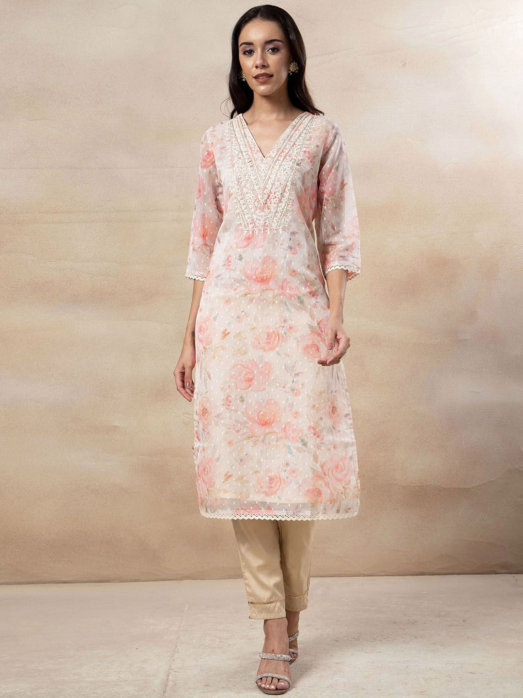 

INDYA Floral Printed Organza Straight Kurta, Peach