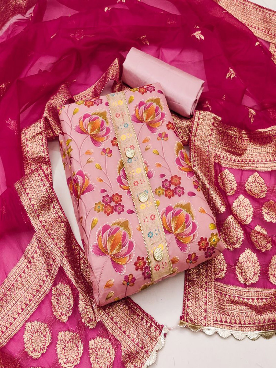 

ASISA Embroidered Gotta Patti Organza Unstitched Dress Material, Pink