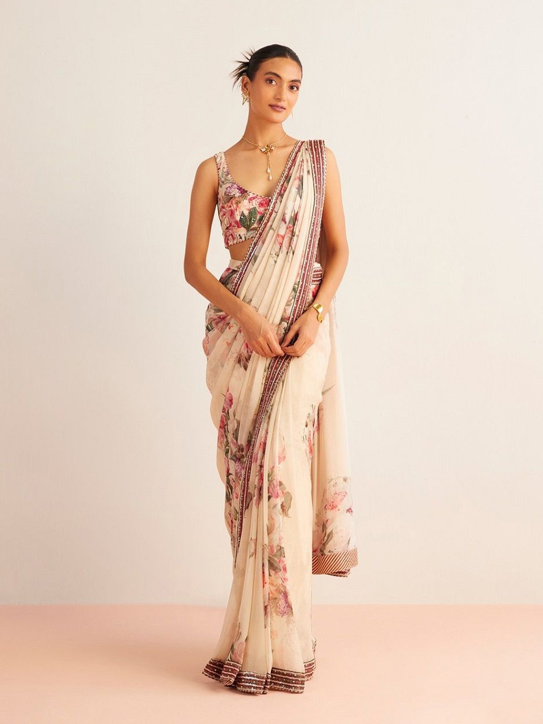 

Kalista Floral Embroidered Pure Georgette Saree, Off white