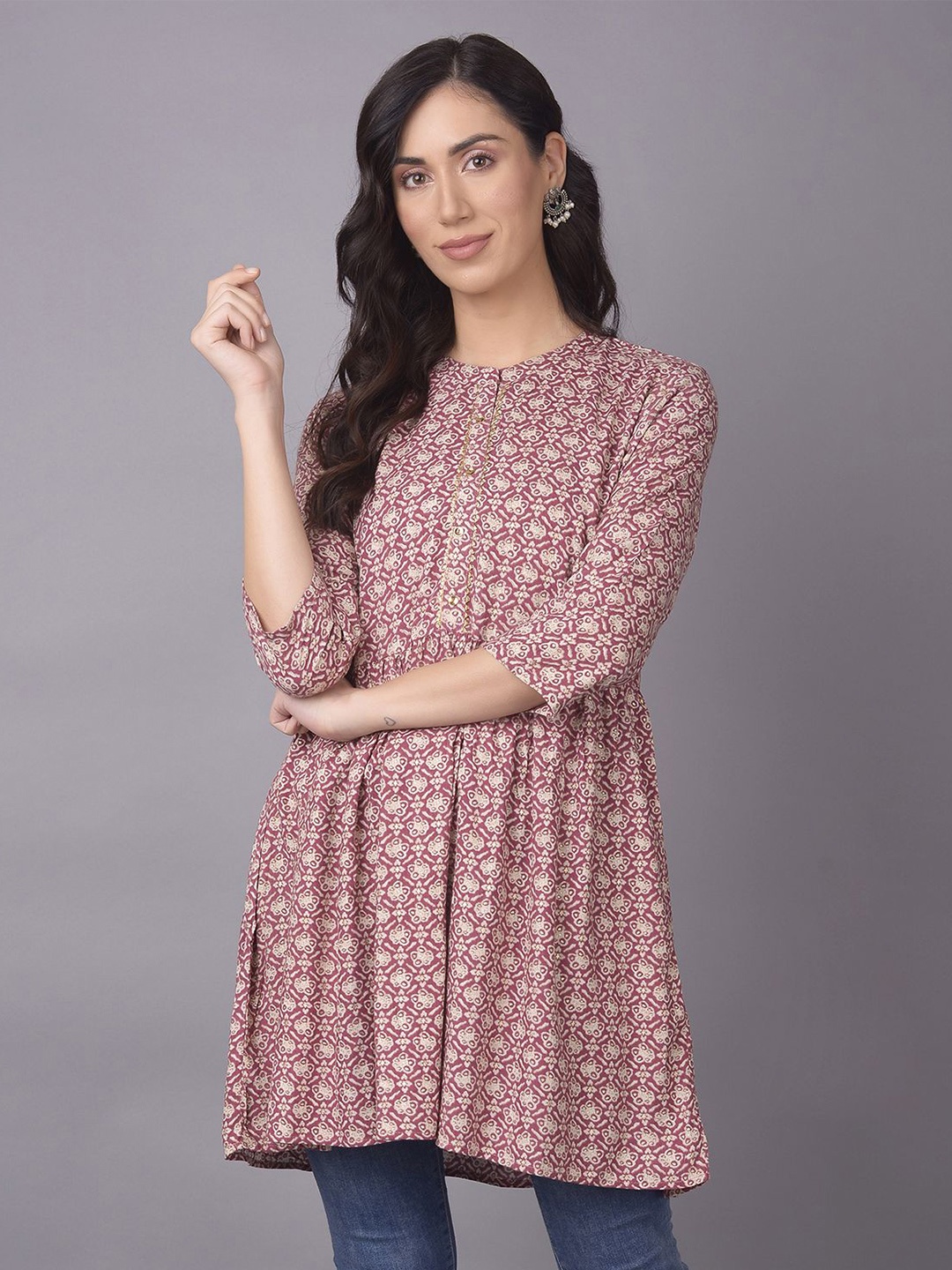 

Shree Liva Mandarin Collar Printed Tunic, Pink