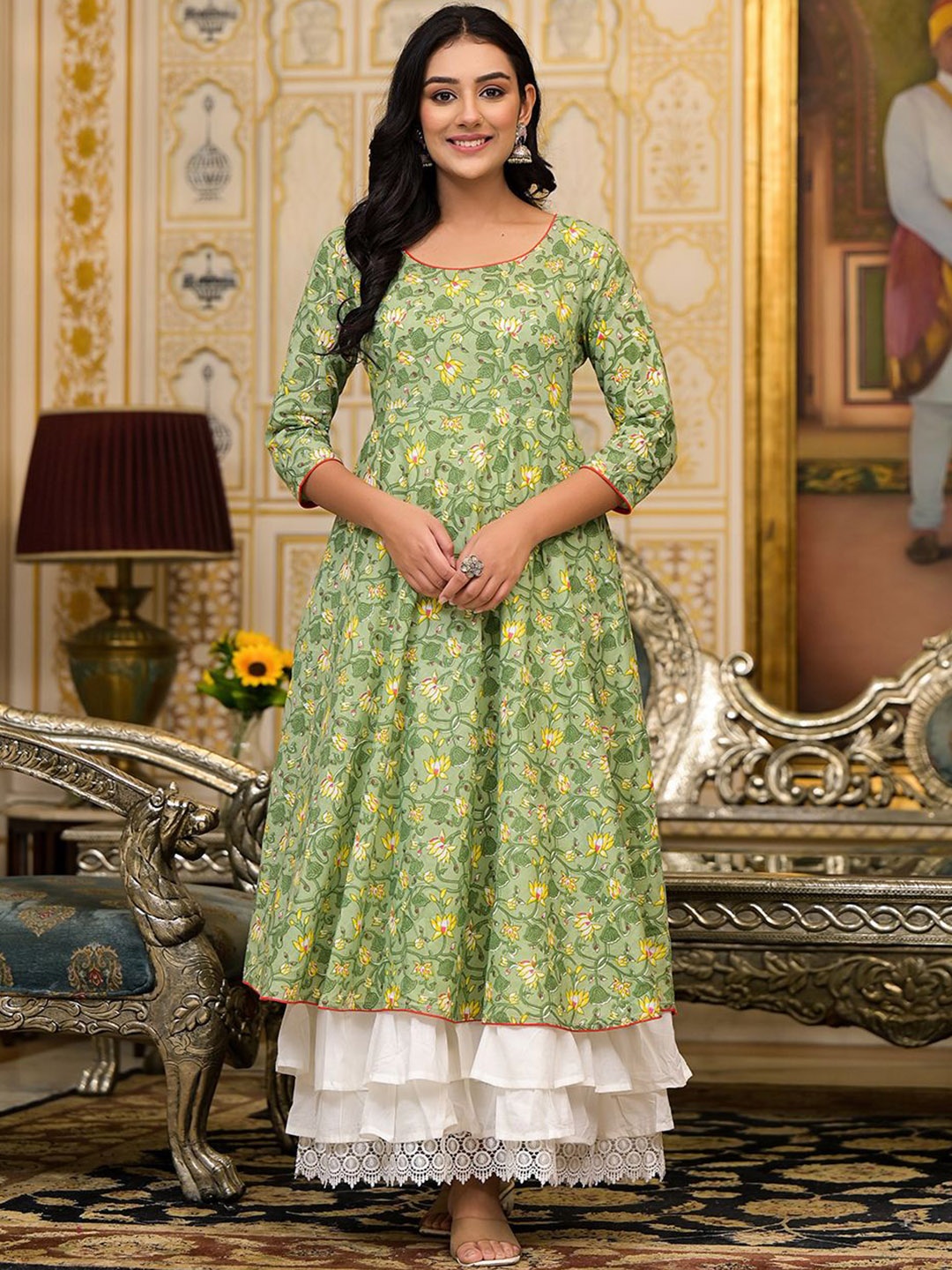 

AKS Women Floral Printed Cotton Layered Maxi Ethnic Dress, Green