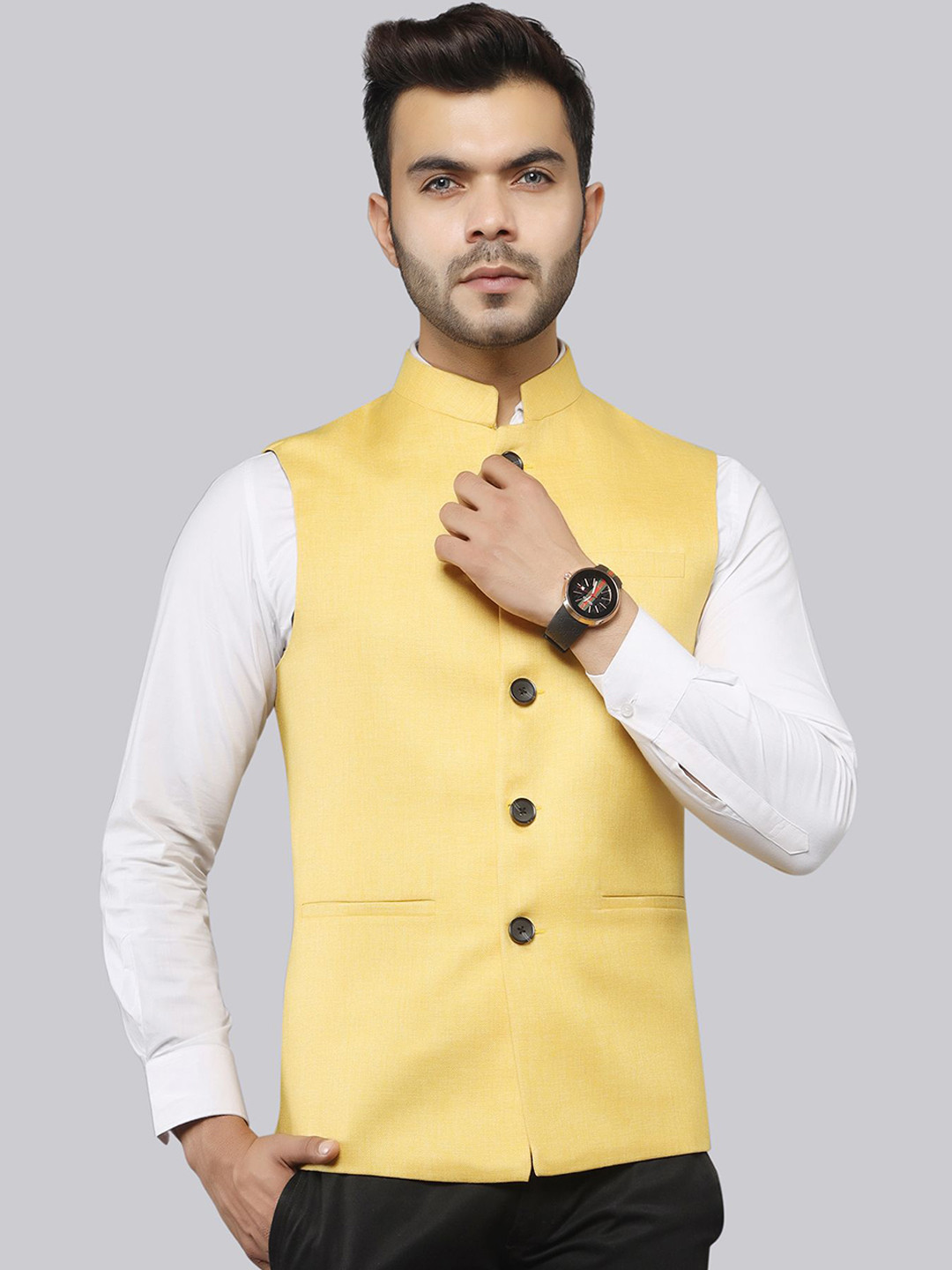 

LA'SCOOT Woven Linen Nehru Jacket, Yellow