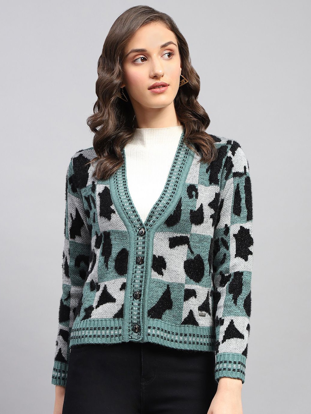 

Monte Carlo Women Printed Woollen Longline Cardigan, Teal