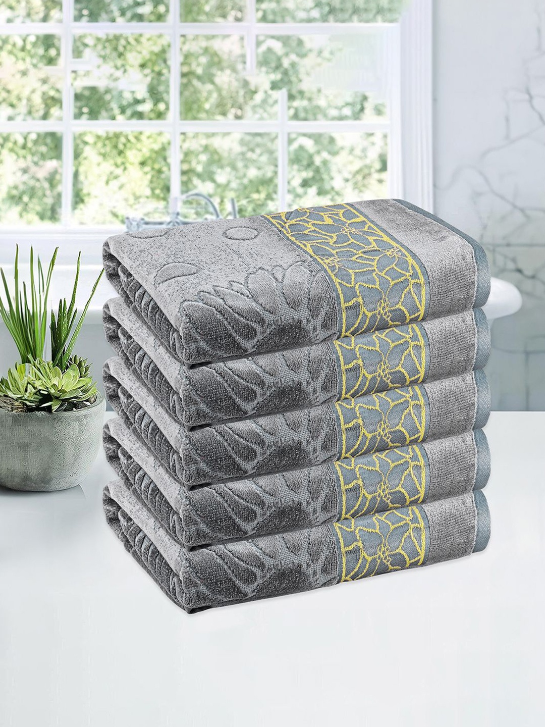 

Kuber Industries Grey & Yellow 5 Pieces Printed Cotton 450 GSM Bath Towels