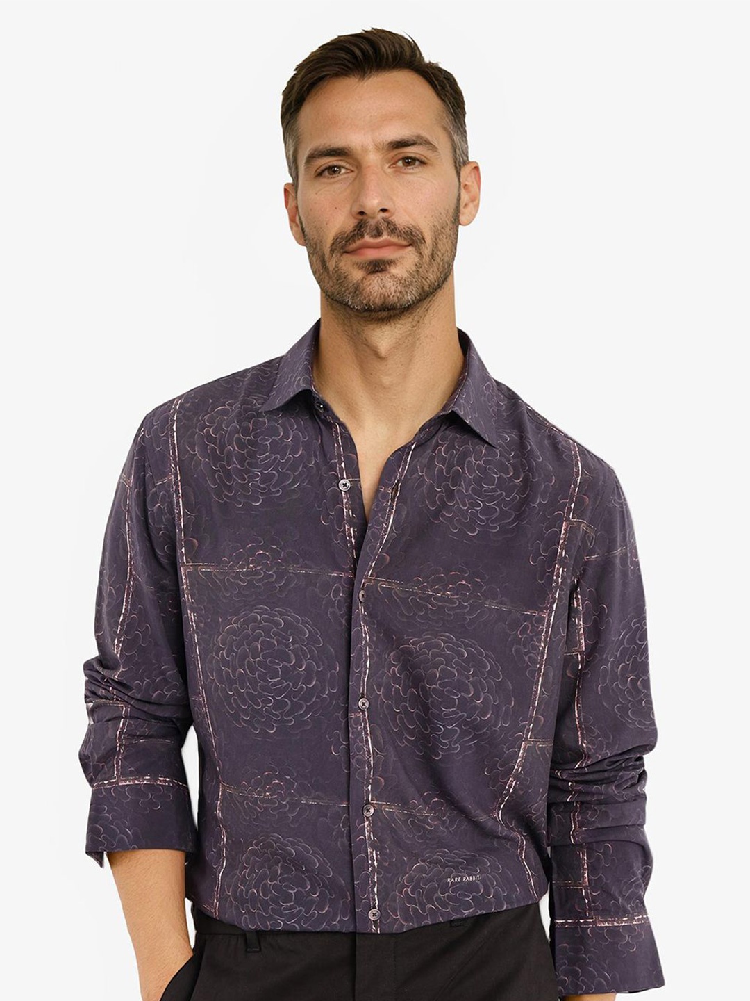 

RARE RABBIT Men Comfort Spread Collar Abstract Printed Casual Shirt, Purple