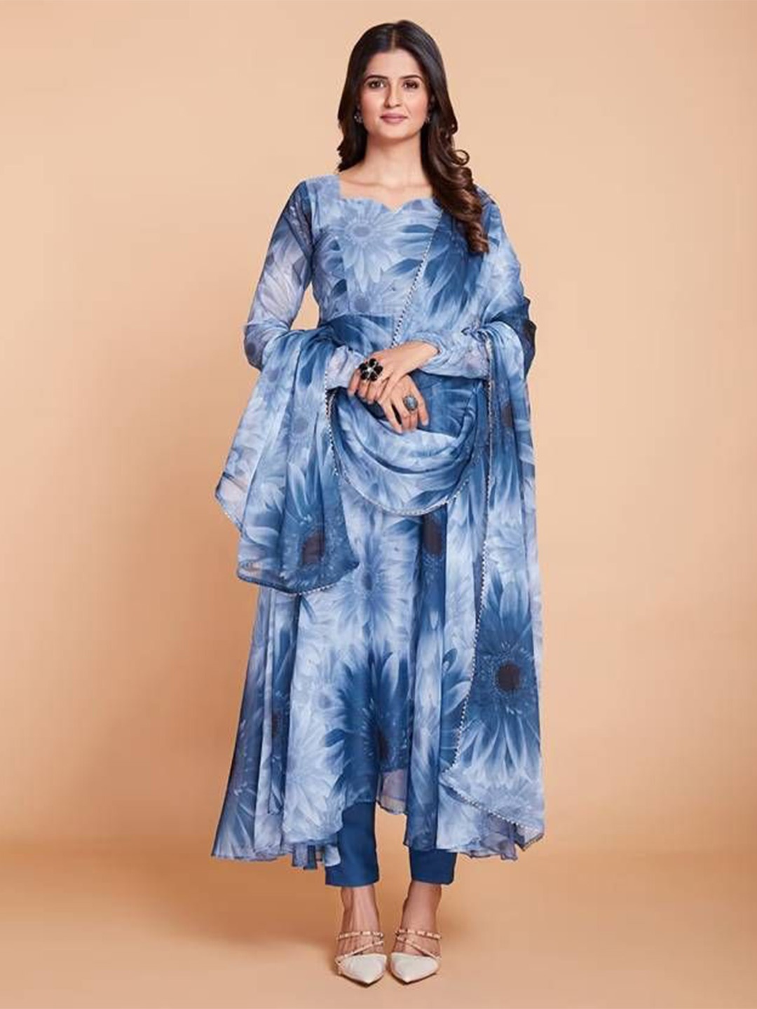 

JULEE Tie and Dye Print Regular Sleeve Georgette Fit & Flare Maxi Ethnic Dress, Navy blue