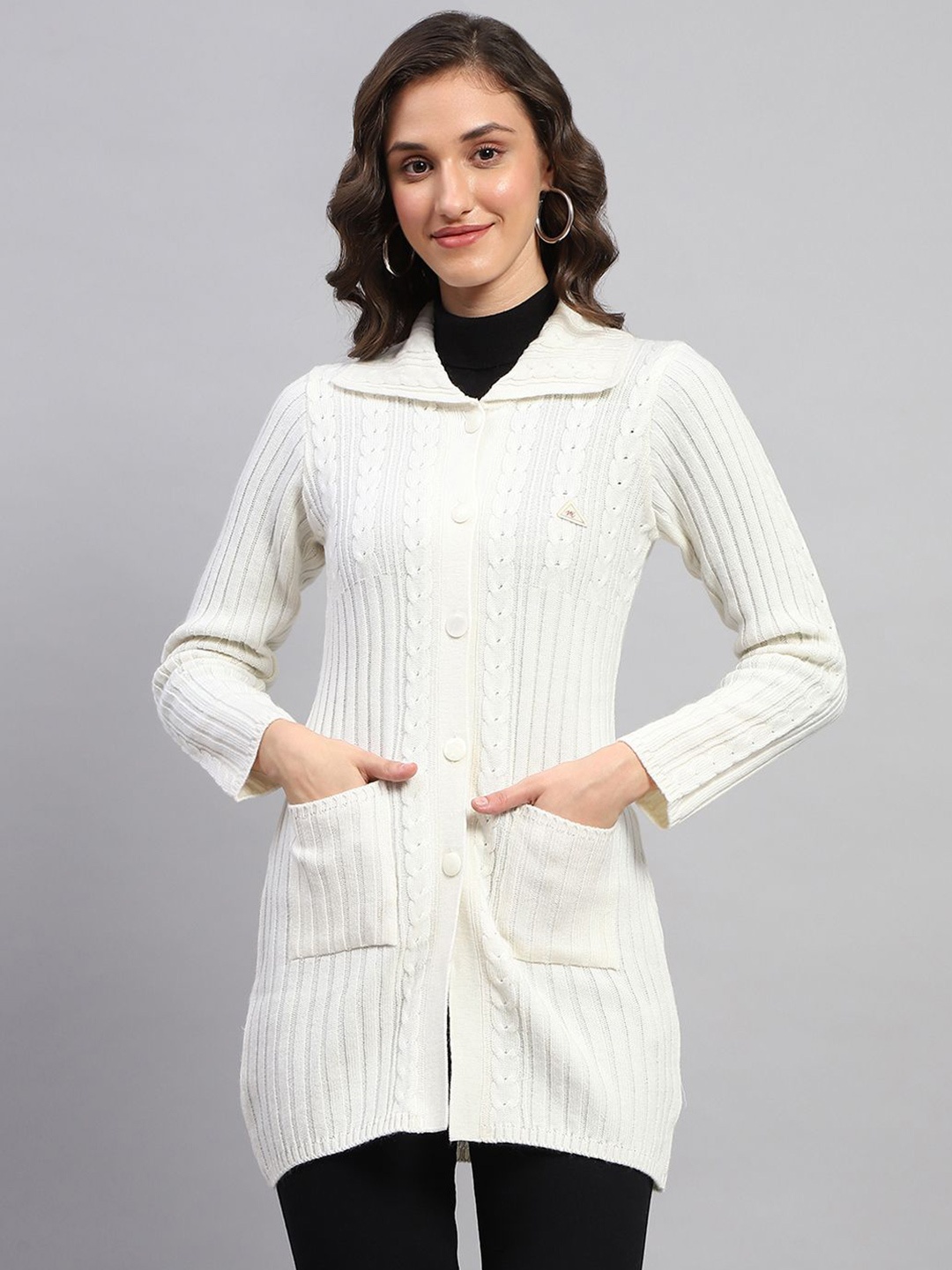 

Monte Carlo Women Cable Knit Woollen Longline Cardigan, White