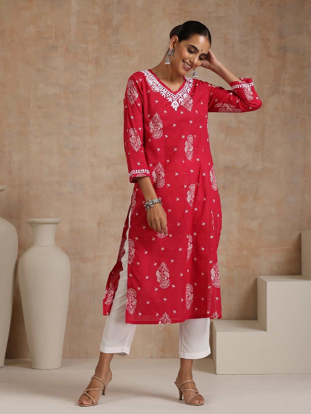 

House of Chikankari Chikankari Printed Kurta, Pink