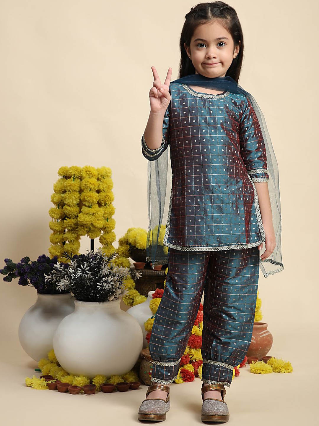 

Cutiekins Girls Embroidered Straight Gotta Patti Silk Kurta with Salwar & Dupatta, Sea green