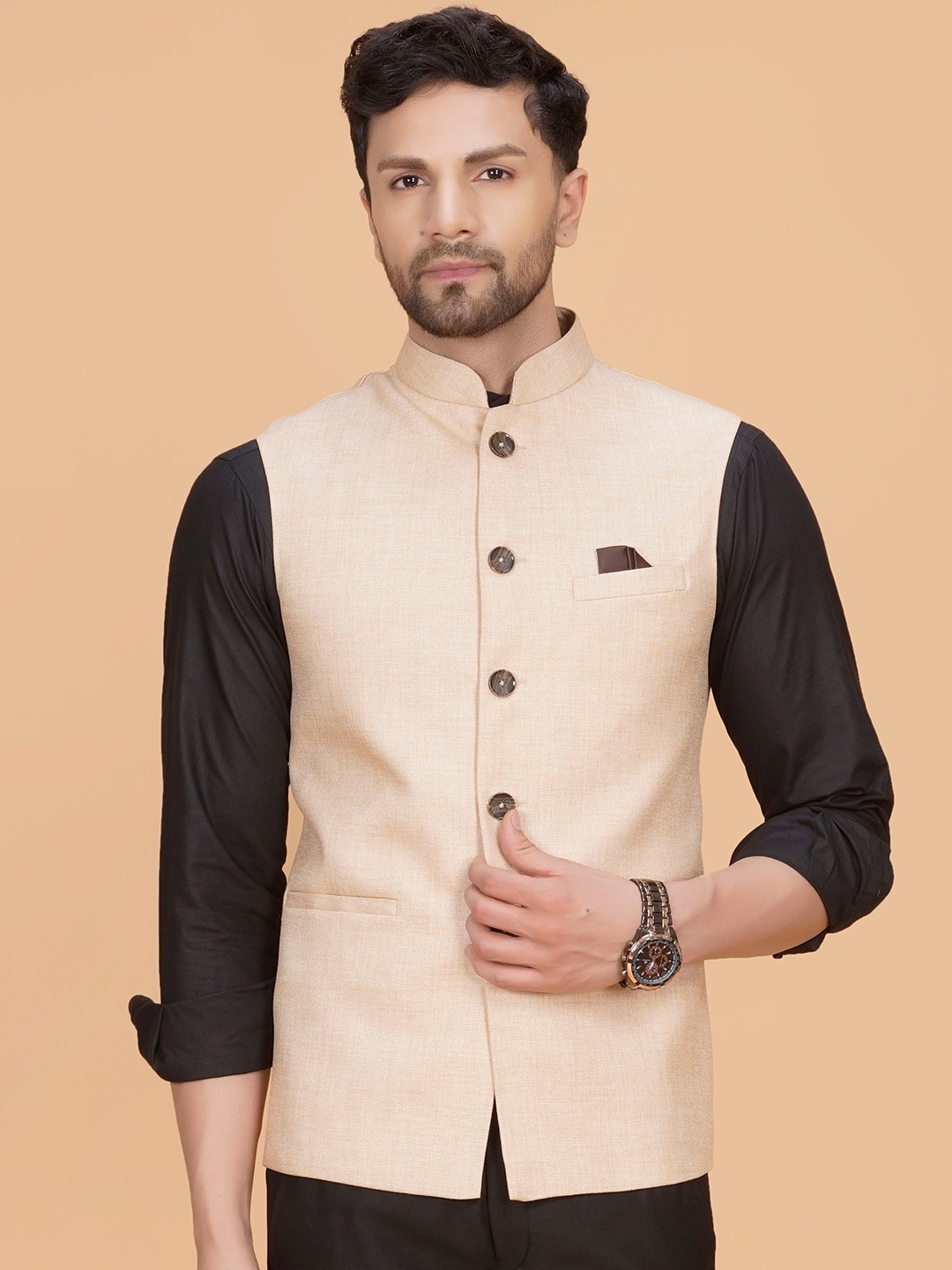 

LA'SCOOT Woven Linen Nehru Jacket, Beige