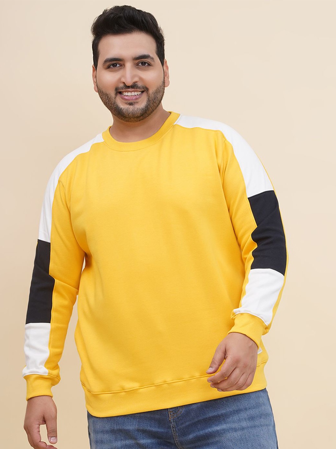 

John Pride Plus Size Men Colourblocked Round Neck Pure Cotton Sweatshirt, Yellow