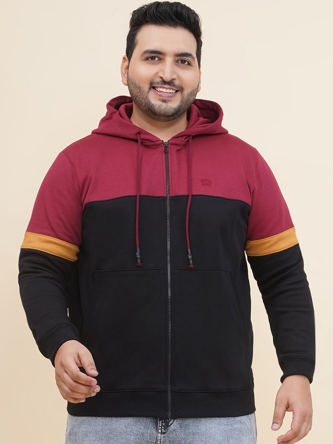 

John Pride Plus Size Men Colourblocked Hooded Pure Cotton Sweatshirt, Black