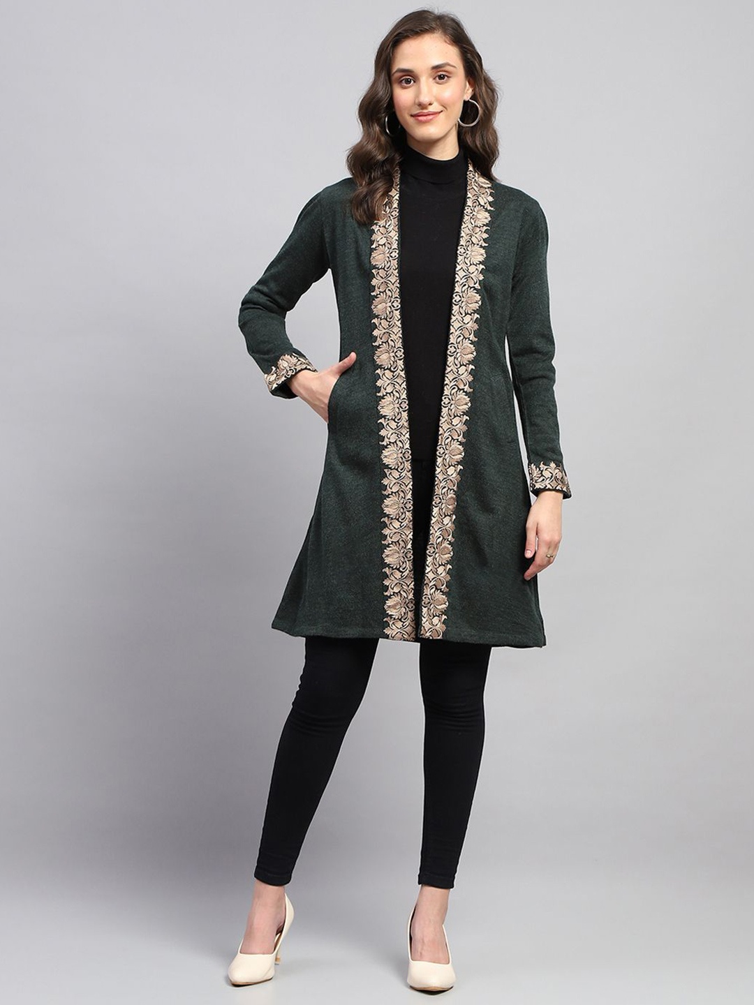 

Monte Carlo Women Woollen Longline Cardigan, Green