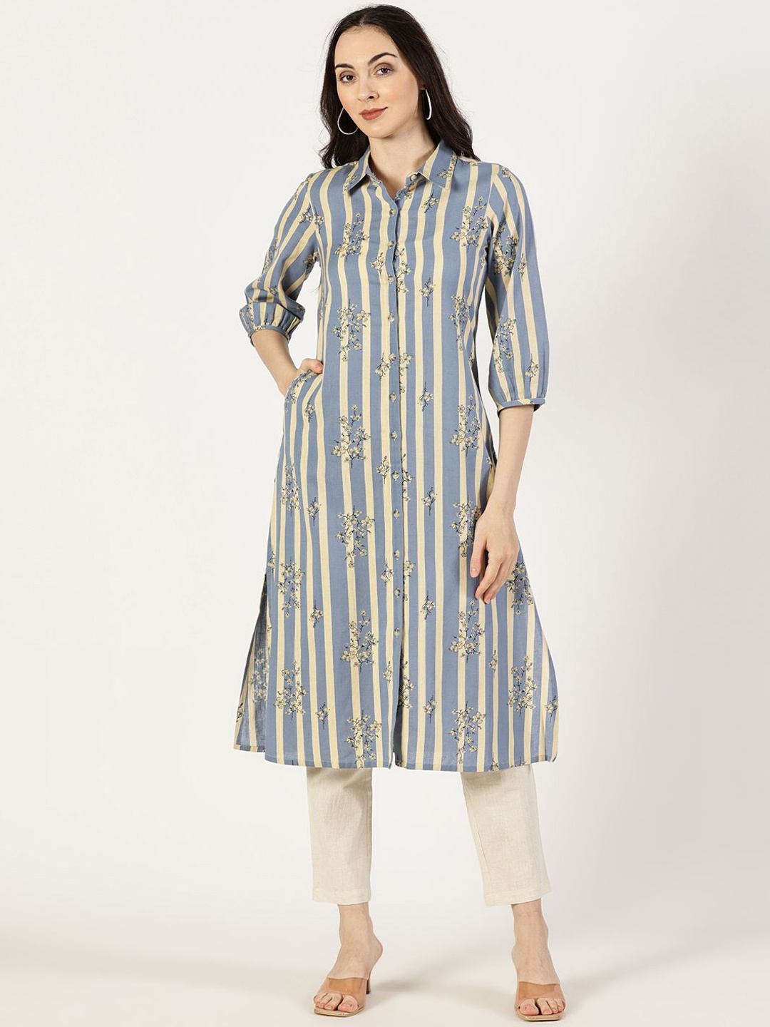 

Saffron Threads Floral Printed Shirt Collar Puff Sleeves Cotton Linen Straight Kurta, Blue