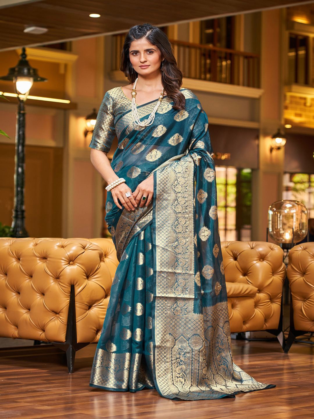 

Krimmple Woven Design Organza Saree With Zari, Turquoise blue