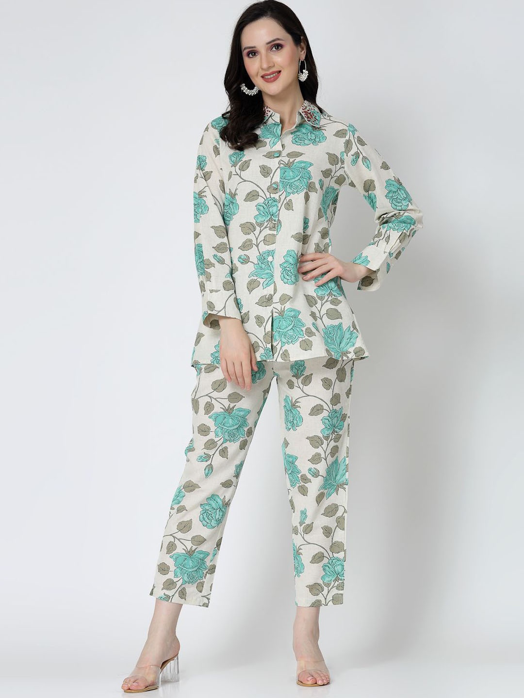 

Benaaz Printed Pure Cotton Shirt & Trousers, Green