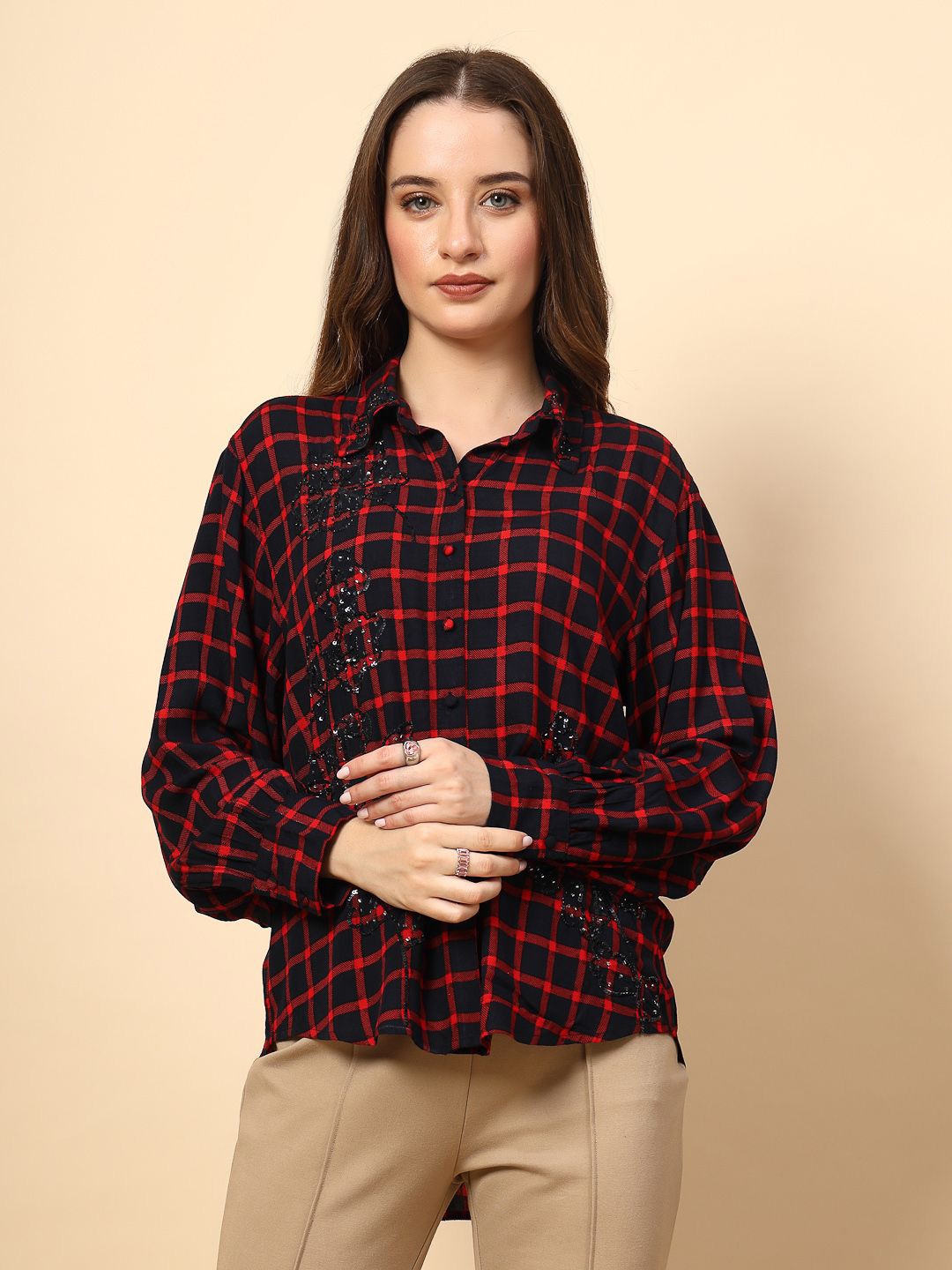 

Gipsy Women New Spread Collar Tartan Checked Casual Shirt, Red