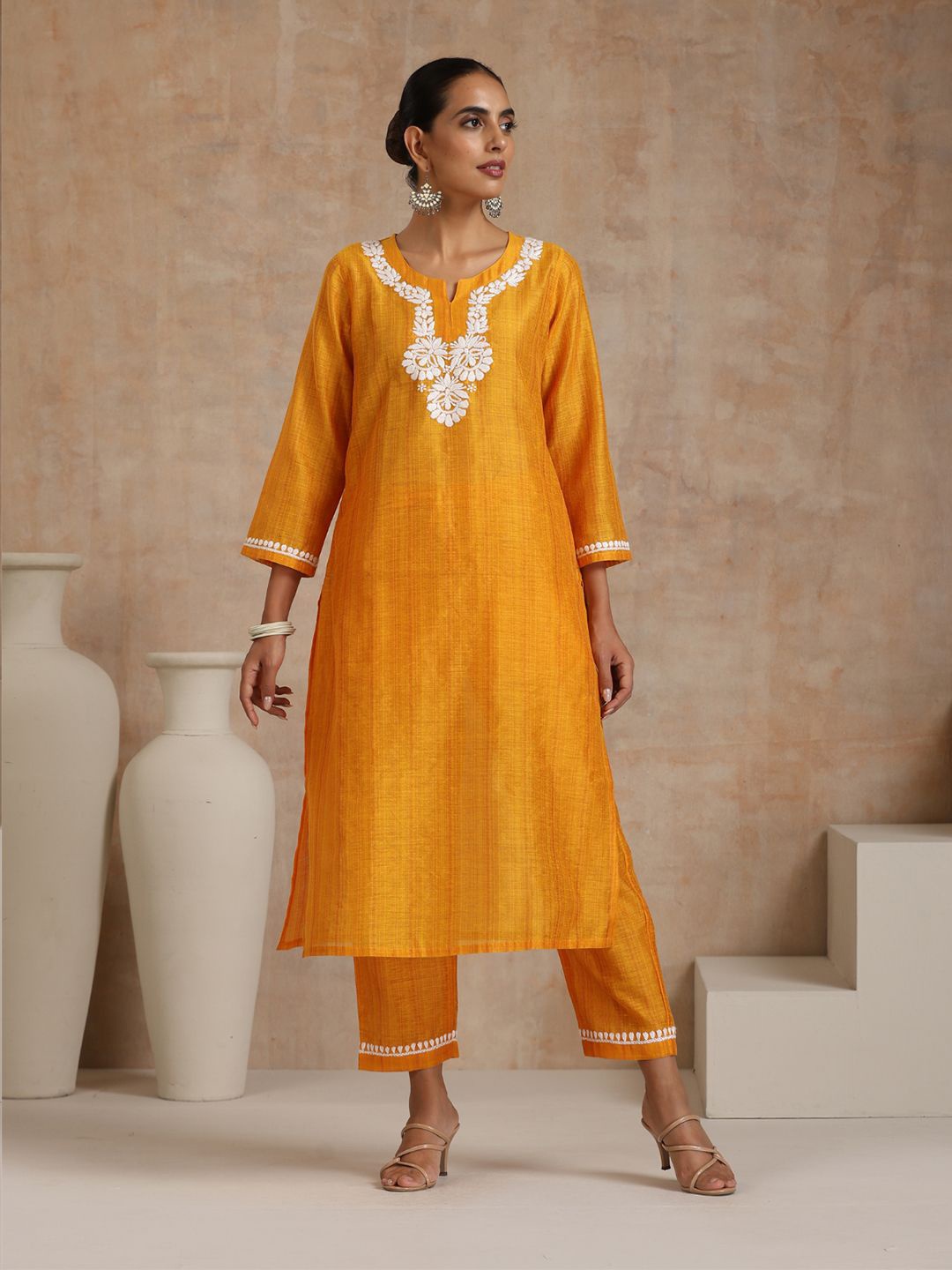 

House of Chikankari Chikankari Woven Kurta Set, Yellow