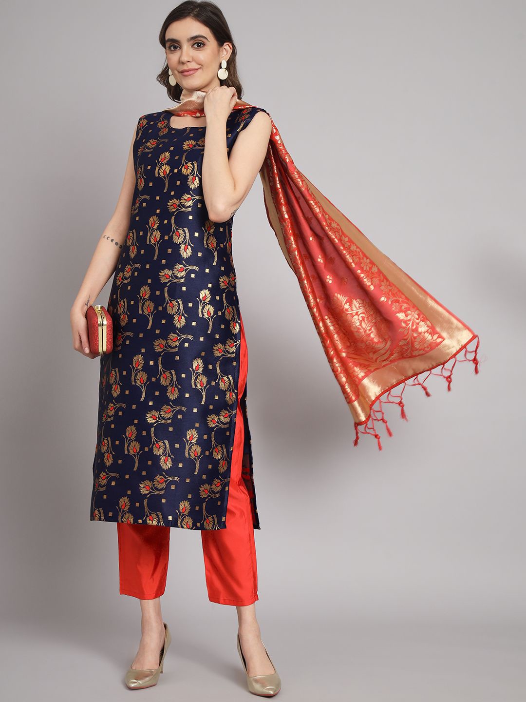 

VredeVogel Ethnic Motifs Woven Design Round Neck Zari Kurta With Trousers & Dupatta, Blue