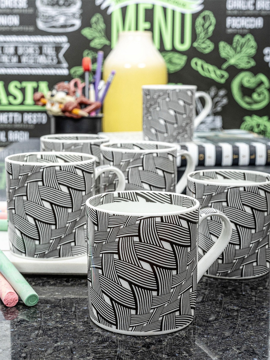 

GOODHOMES White & Black 6 Pieces Printed Bone China Glossy 220 ml