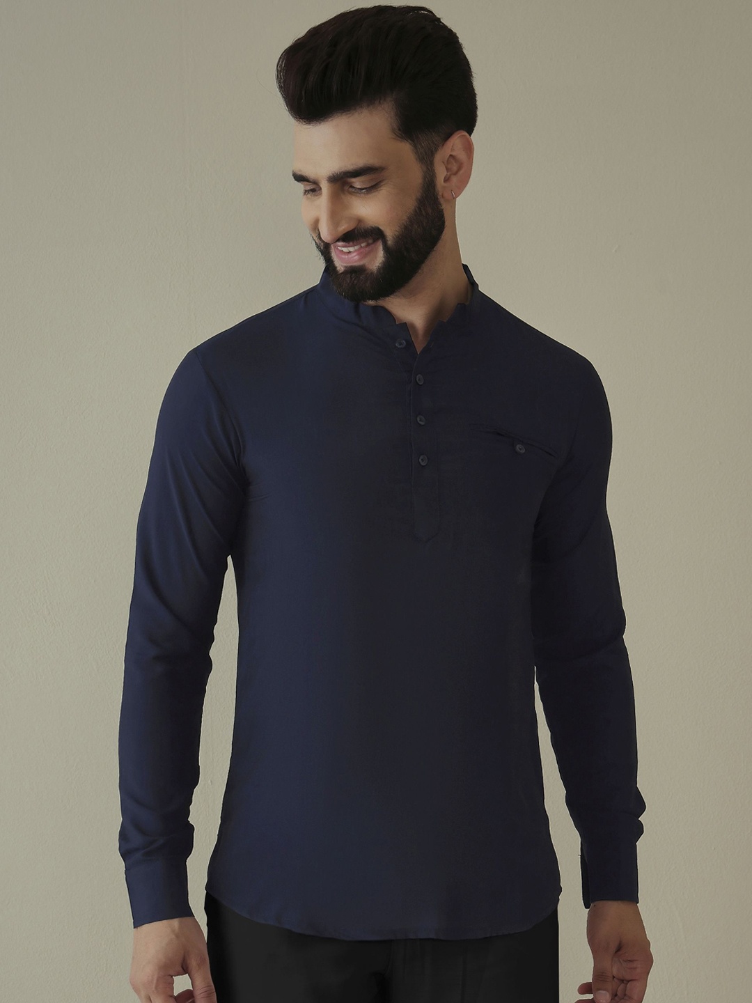 

Inddus Mandarin Collar Straight Short Kurta, Navy blue