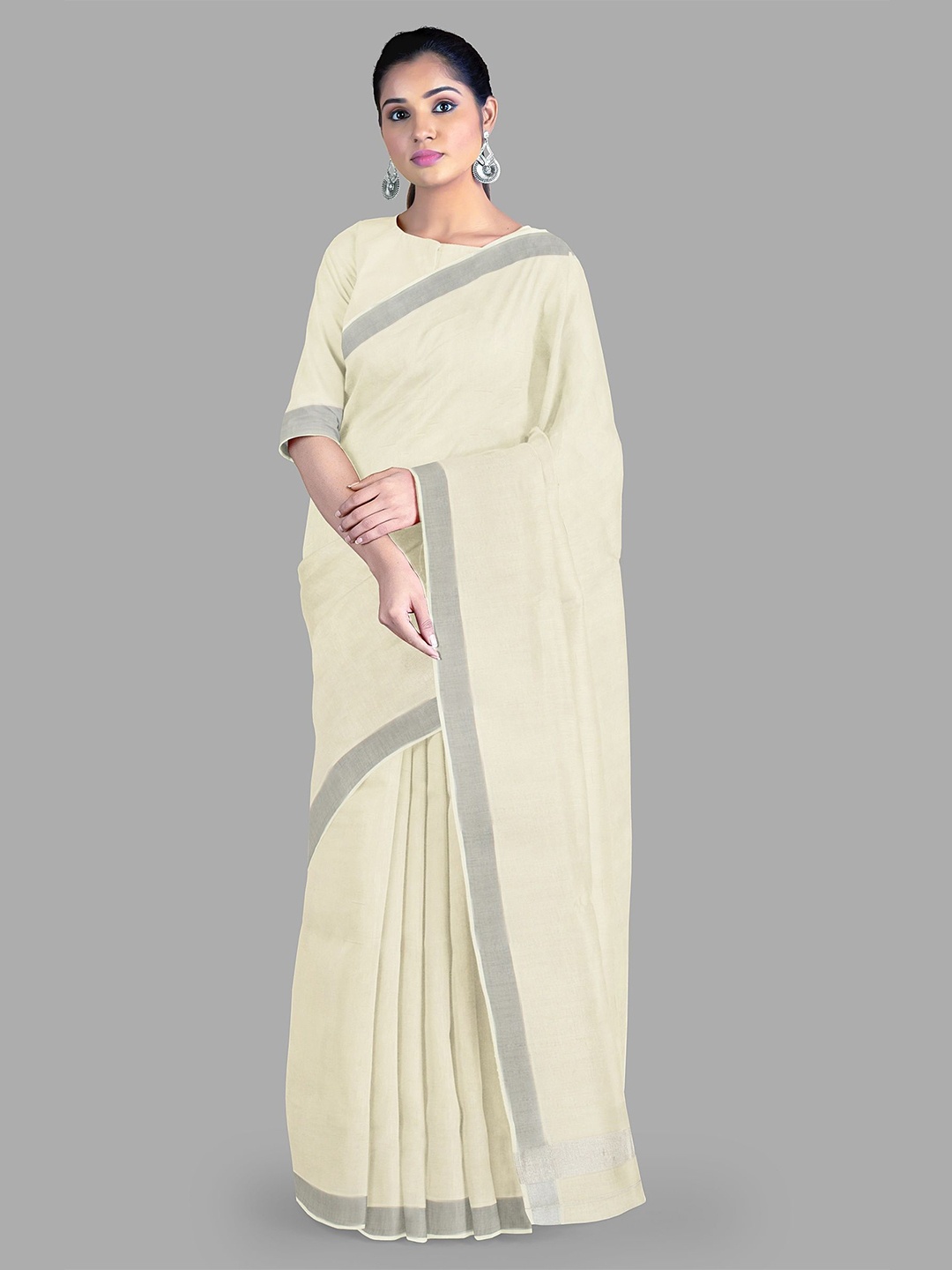 

The Chennai Silks Pure Cotton Fusion Kasavu Saree, Off white