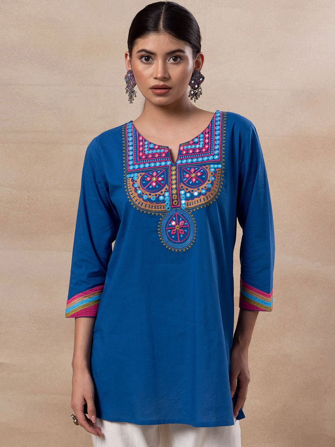 

INDYA Embroidered Pure Cotton Tunic, Blue