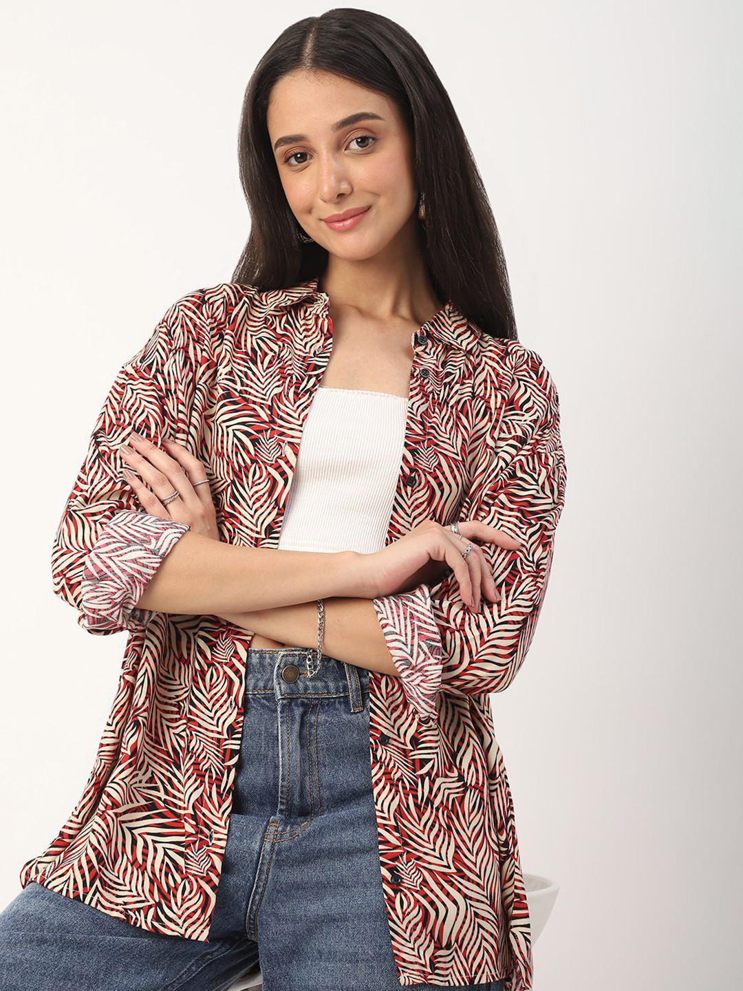 

VASTRADO Women Classic Fit Floral Printed Opaque Oversized Casual Shirt, Red