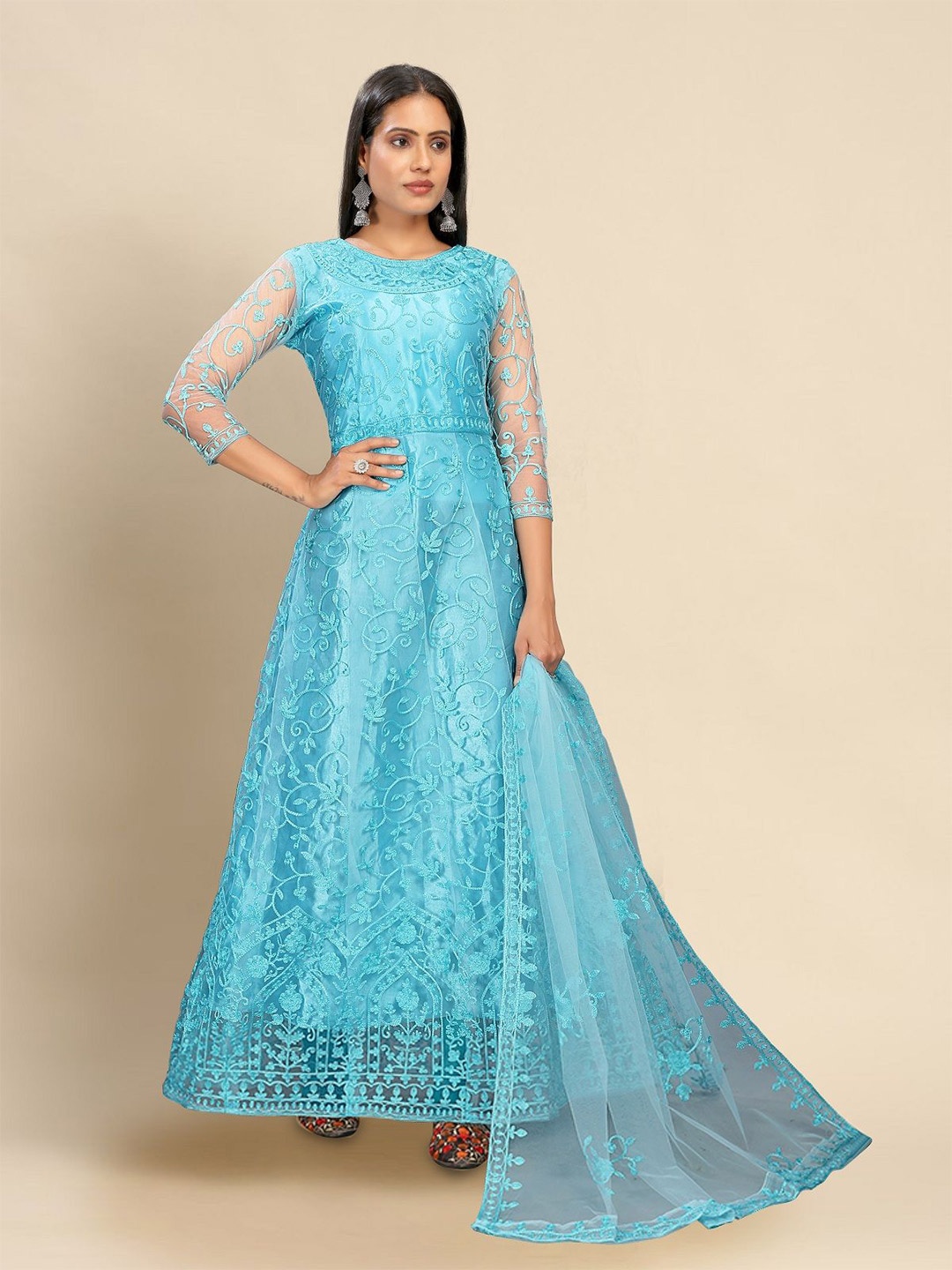 

LADY SHOPI Women Ethnic Motifs Embroidered Net Fit & Flare Maxi Dress, Turquoise blue