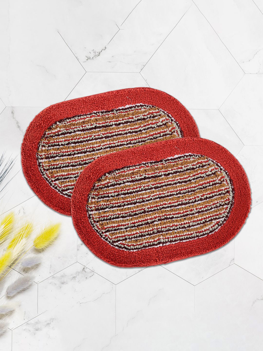 

Kuber Industries Red & Brown 2 Pieces Striped Anti-Slip Doormats