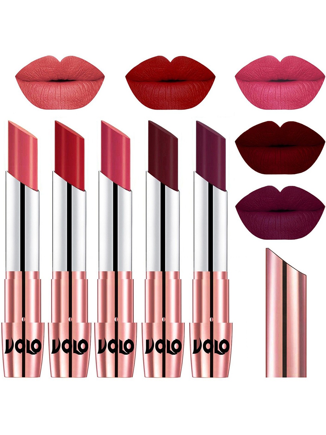 

VOLO Set Of 5 Creme Matte Lipsticks- Dark Peach 37-Tomato Red 40-Pink 41-Maroon 42-Wine 47