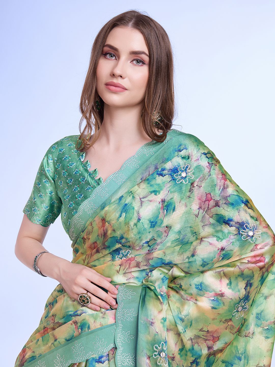 

Mitera Tie and Dye Beads and Stones Poly Chiffon Saree, Sea green