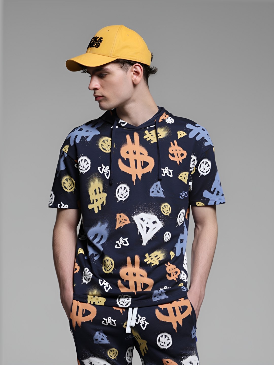 

Jack & Jones Men Graphic Printed Hood Cotton Oversized T-shirt, Blue