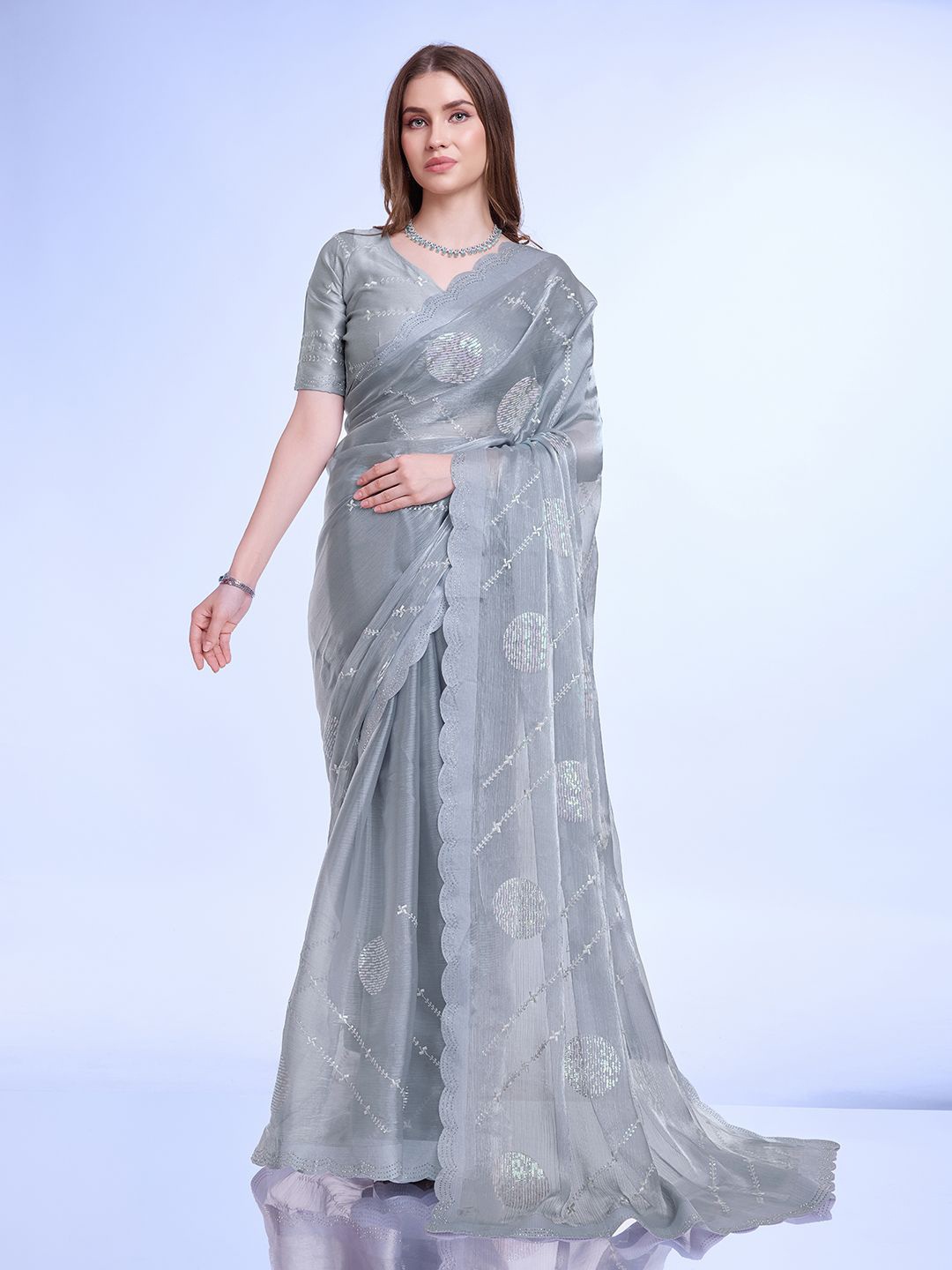 

Mitera Embellished Sequinned Saree, Grey