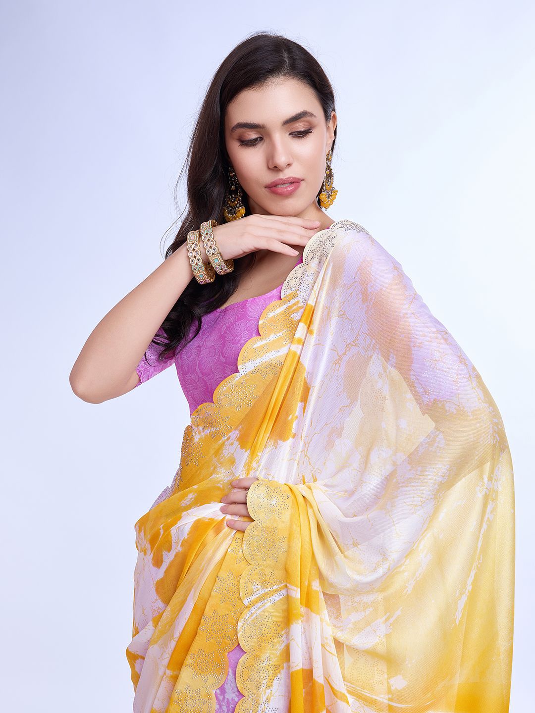 

all about you Tie and Dye Beads and Stones Saree, Yellow