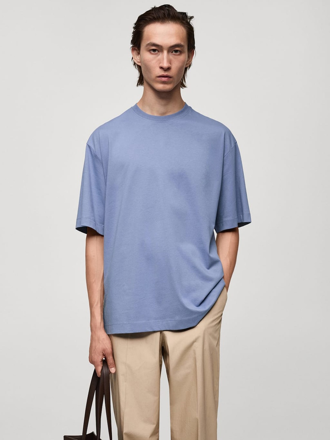 

MANGO MAN Drop-Shoulder Sleeves Pure Cotton Oversized T-shirt, Blue