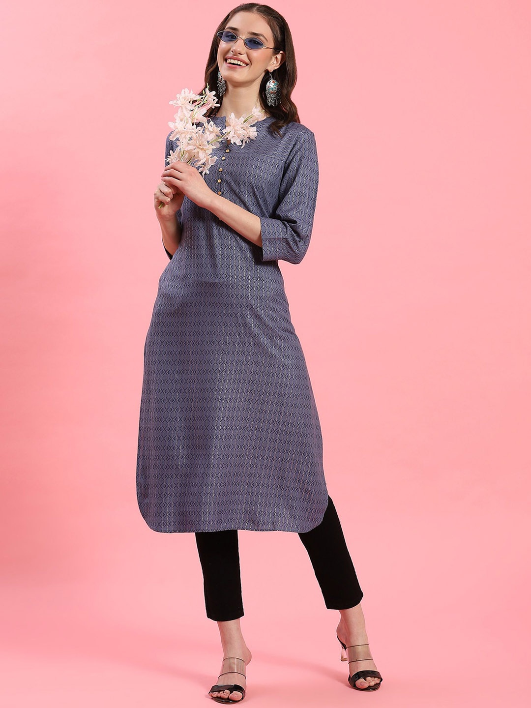 

Shree Geometric Printed Mandarin Collar Straight Kurta, Blue
