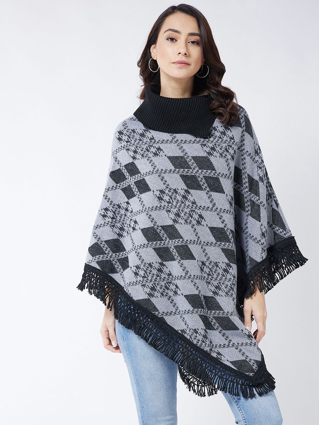 

PIVL Women Printed Poncho Sweater, Grey