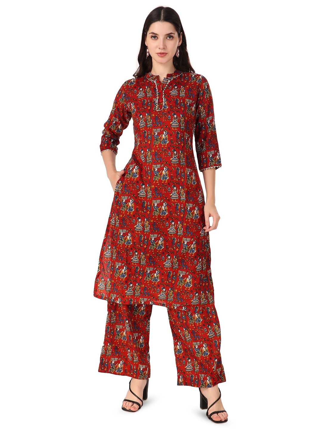 

PFFASHION Printed Pure Cotton Straight Kurta, Red