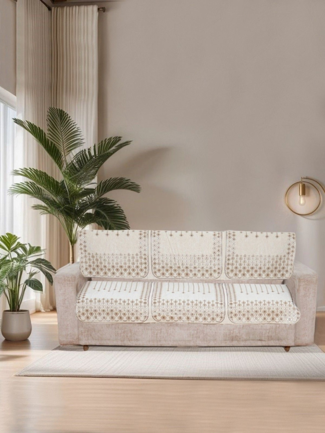 

MORADO Cream-Coloured & Gold-Toned 6 Pieces Embroidered Velvet Sofa Cover With Arms