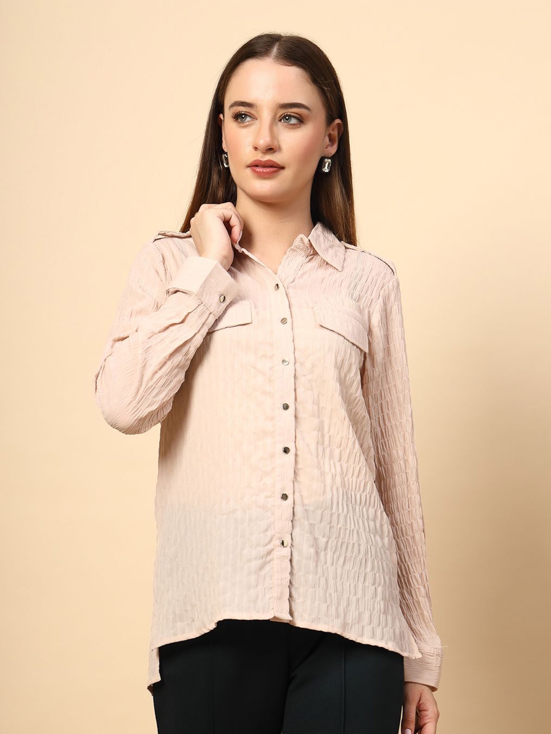 

Gipsy Women New Spread Collar Textured Casual Shirt, Beige