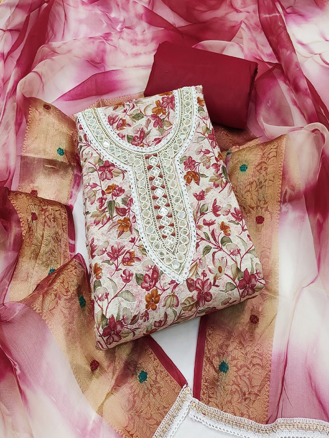

ASISA Embroidered Mirror Work Unstitched Dress Material, Pink