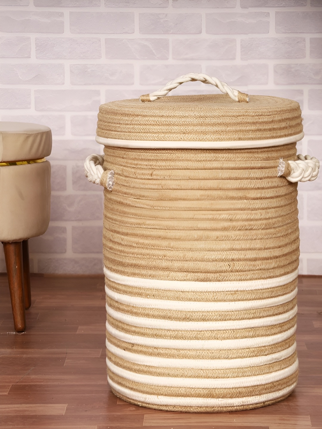 

SUI DHAGGA Brown Striped Jute Cotton Laundry Basket with Lid