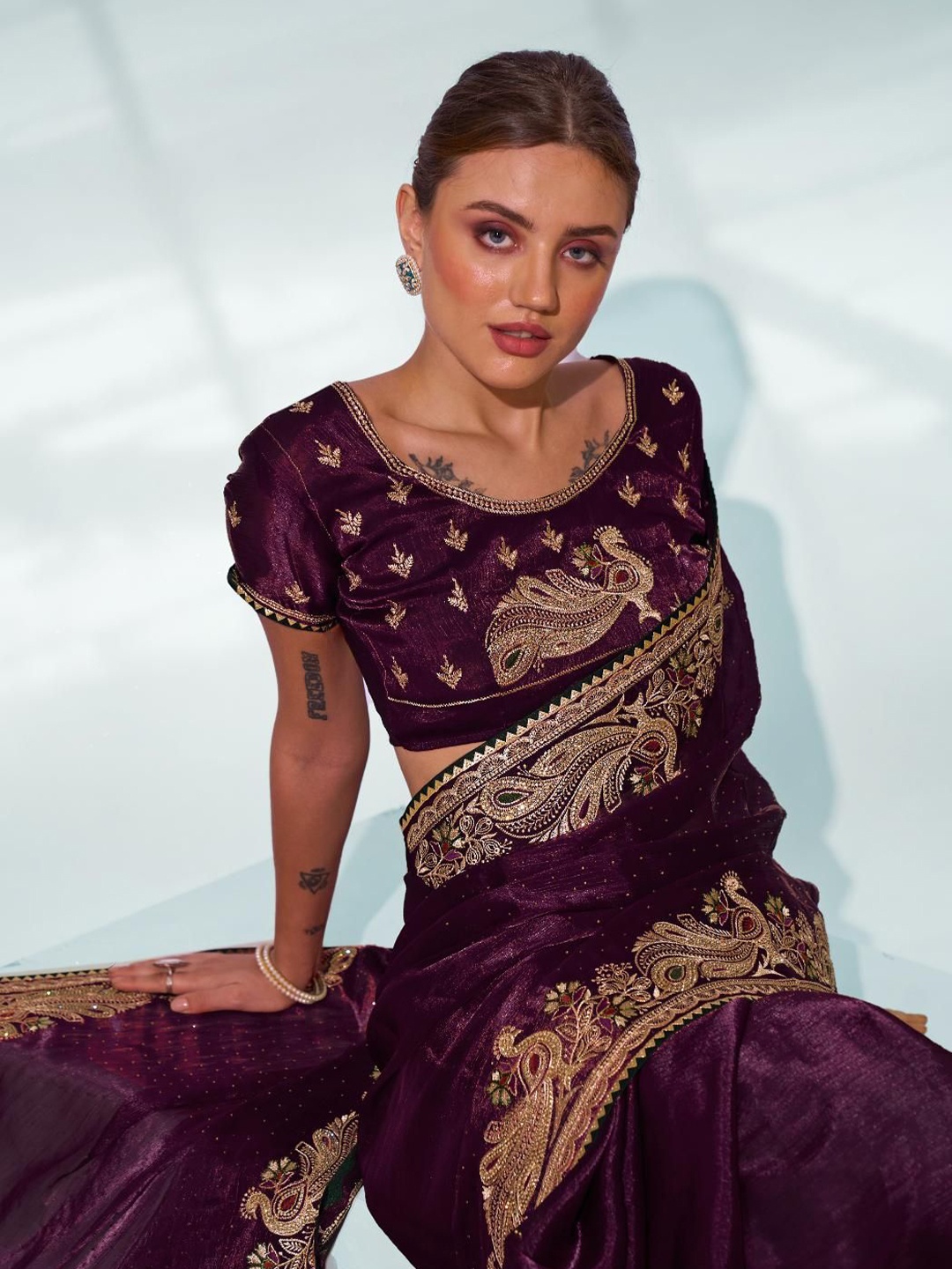 

Kalista Embroidered Organza Saree, Burgundy